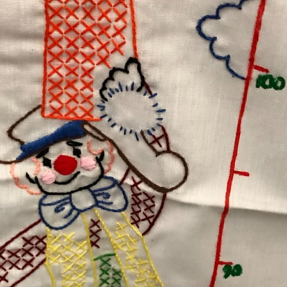 Vintage Hand-Crafted Embroidered & Cross Stitch Height Chart - Clown & Balloons